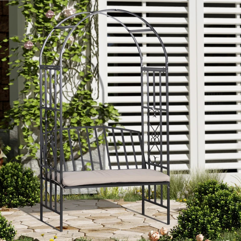 Grey Metal Frame Garden Bench with Arch, 114x60x206 cm