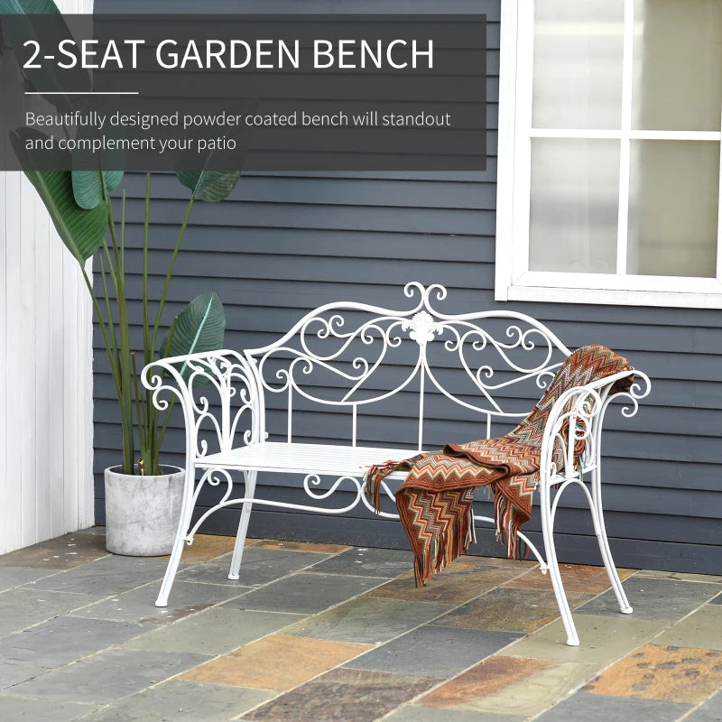 White Antique Garden Bench with Cast Iron Backrest - 2 Seater Outdoor Chair