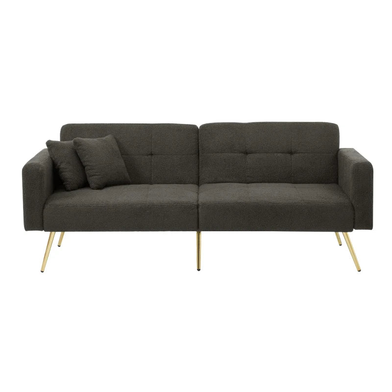 Stylish Modern Loveseat Sofa Bed with Adjustable Backrest, Gold Legs, and Side Storage Pockets in Dark Grey