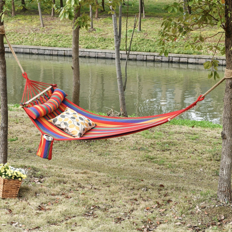 Portable Cotton Hammock Swing Chair with Headrest & Side Pocket - Blue