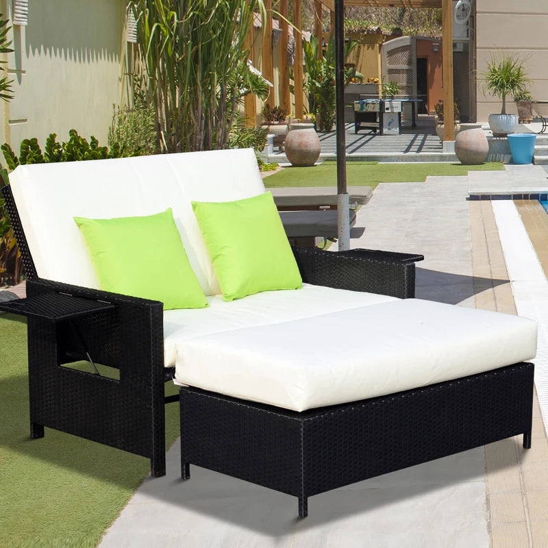 Black Rattan 2-Seater Sun Lounger Sofa Bed