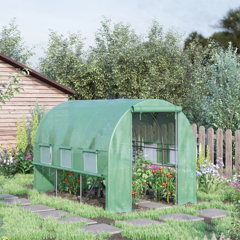 Green Walk-in Polytunnel Greenhouse with Roll-up Sidewalls, UV-resistant Cover, 3x2x2m