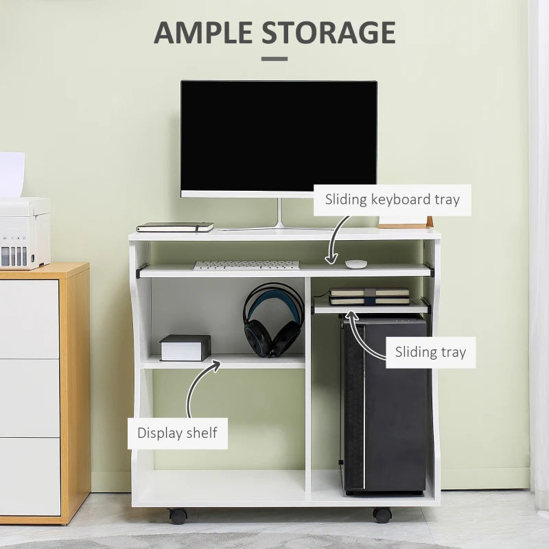 Multi-Storage Compact Work Desk on Wheels - Modern White Home Office Furniture for Small Spaces