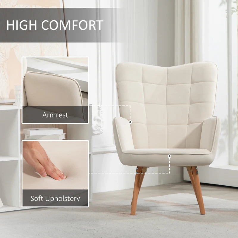Modern Velvet Accent Chair Set of 2 - Tufted Wingback Armchairs, Cream White Upholstered Lounge Chairs with Wood Legs