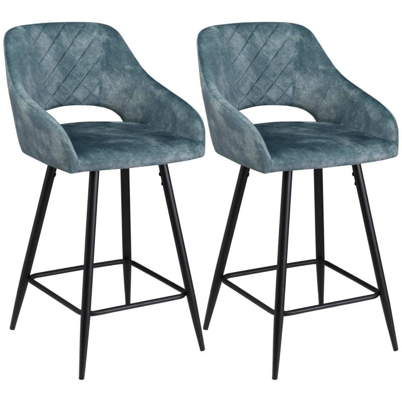 Set of 2 Velvet Bar Stools - Counter Height Kitchen Chairs with Steel Legs - Blue Fabric Dining Area Barstools