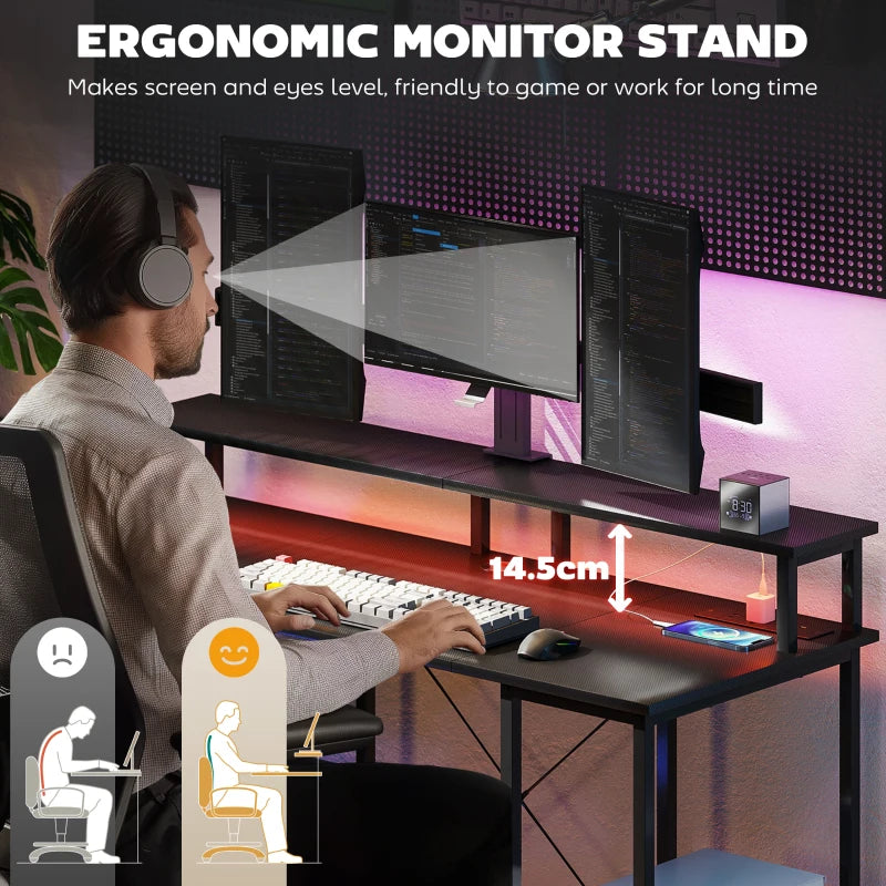 LED Computer Desk with Power Outlets & Shelves - Stylish Carbon Fibre Grey Home Office Furniture