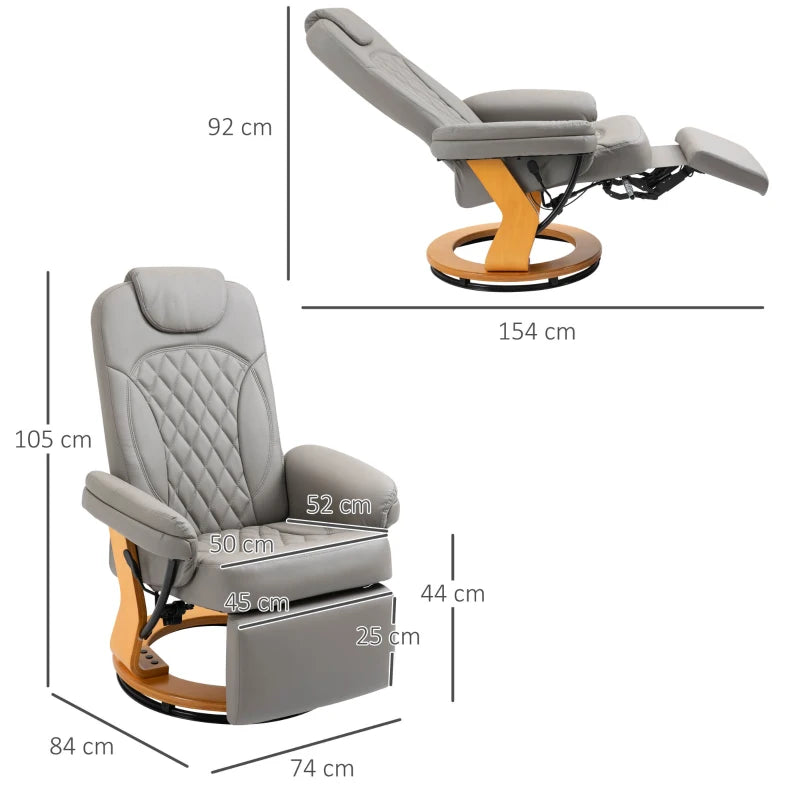 Comfortable PU Recliner Chair with Footrest and Headrest, Stylish Round Wooden Base for Living Room, Bedroom, or Office, Grey