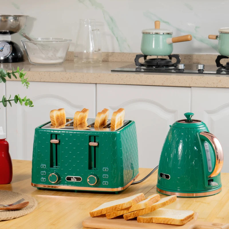 Green Kettle and Toaster Set - 1.7L Fast Boil Jug Kettle & 4 Slice Toaster with 7 Browning Levels, UK Thermostat