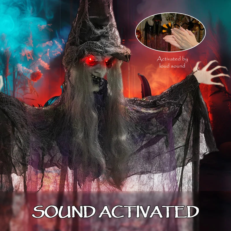 183 cm Life Size Animated Hanging Witch with Glowing LED Eyes - Spooky Halloween Decoration, Battery Operated Indoor Party Prop