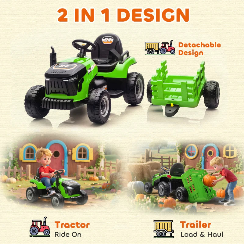 12V Kids Ride on Tractor with Trailer Remote Control Music for Ages 3-8 Green