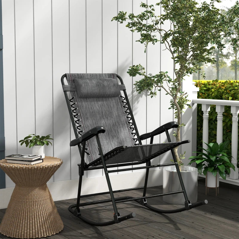Grey Folding Rocking Chair with Headrest for Outdoor Use