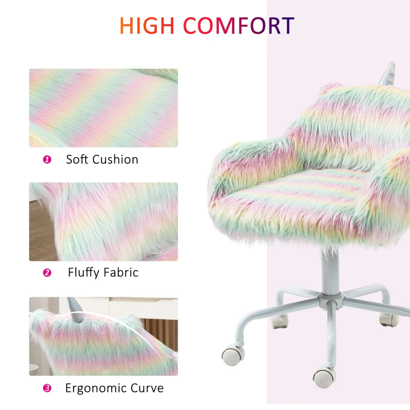 Vinsetto Unicorn Home Office Chair - Height Adjustable Fluffy Desk Chair with Armrests & Swivel Wheels, Colorful Design