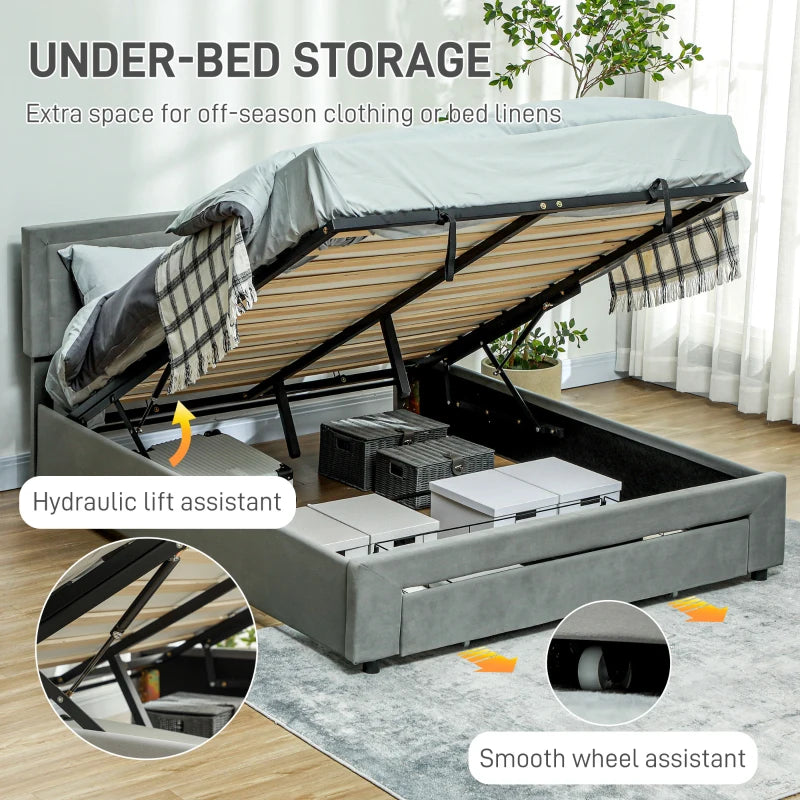 Double Size Ottoman Bed Frame with Front Drawer Stylish Grey Design 140x193.5x95cm