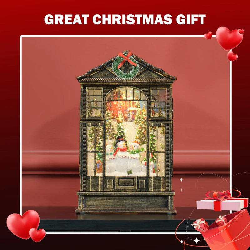Bronze Tone Christmas Snow Globe Lantern with Lights - Musical Glitter Swirling Decoration, Battery Operated Holiday Gift