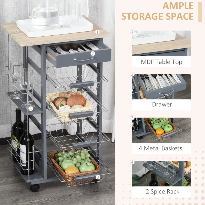Rolling Kitchen Cart with 4 Basket Drawers & Side Racks - Utility Storage on Wheels for Dining Room - Grey