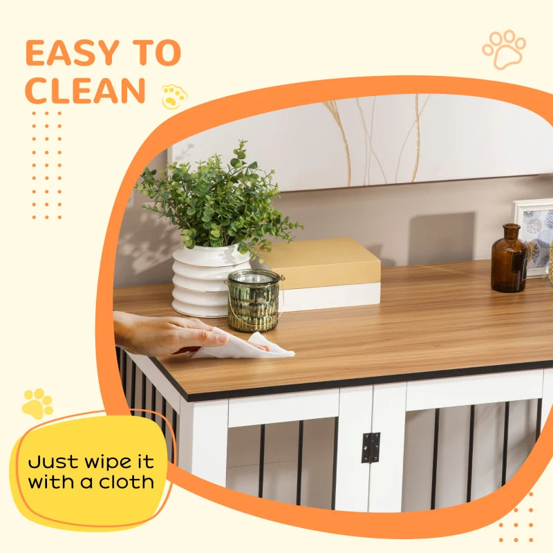 Stylish Dog Crate Furniture with Wheels - Large Dog Cage End Table, 106 x 60 x 82 cm, White Finish