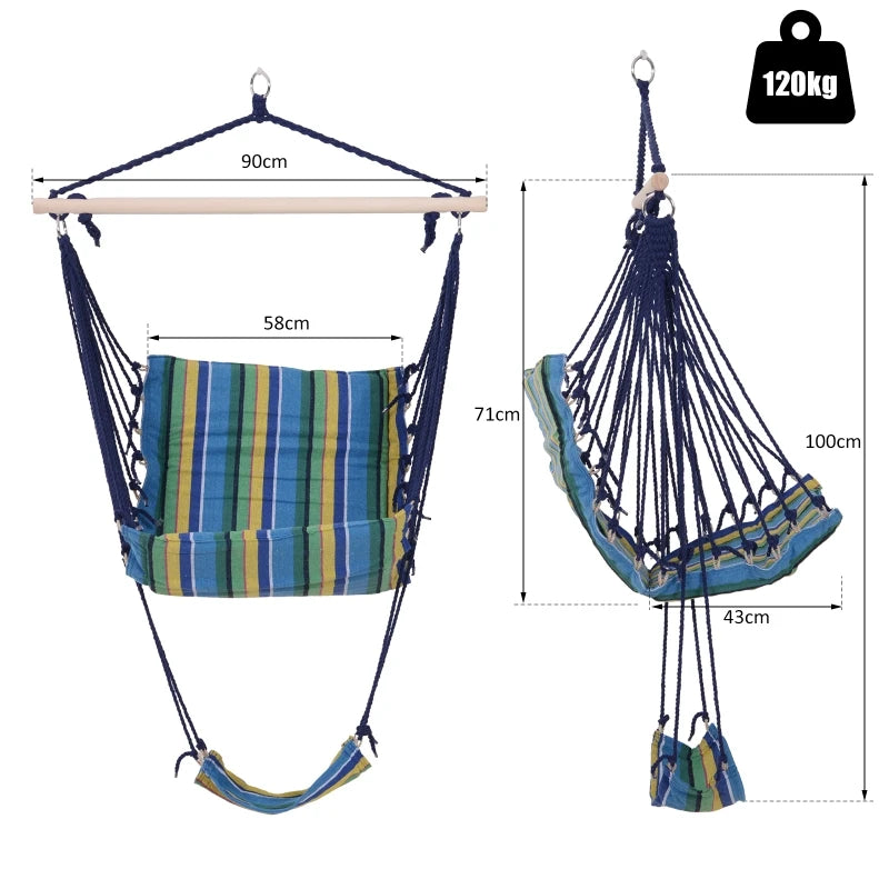 Blue Striped Outdoor Hanging Hammock Swing Chair with Footrest