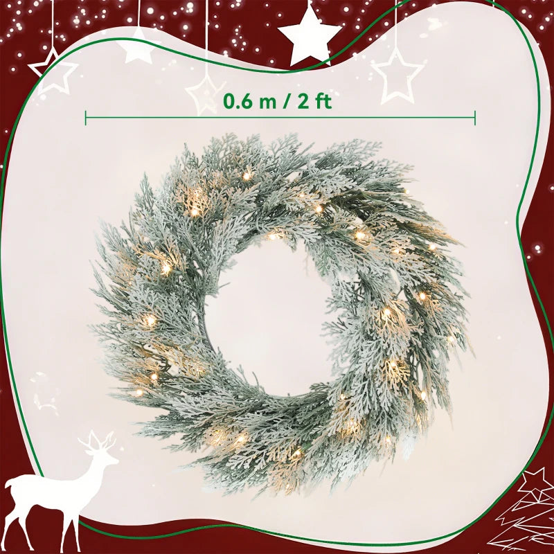 60cm Flocked Prelit Christmas Wreath - 24 Inch Holiday Decor for Festive Home Decoration
