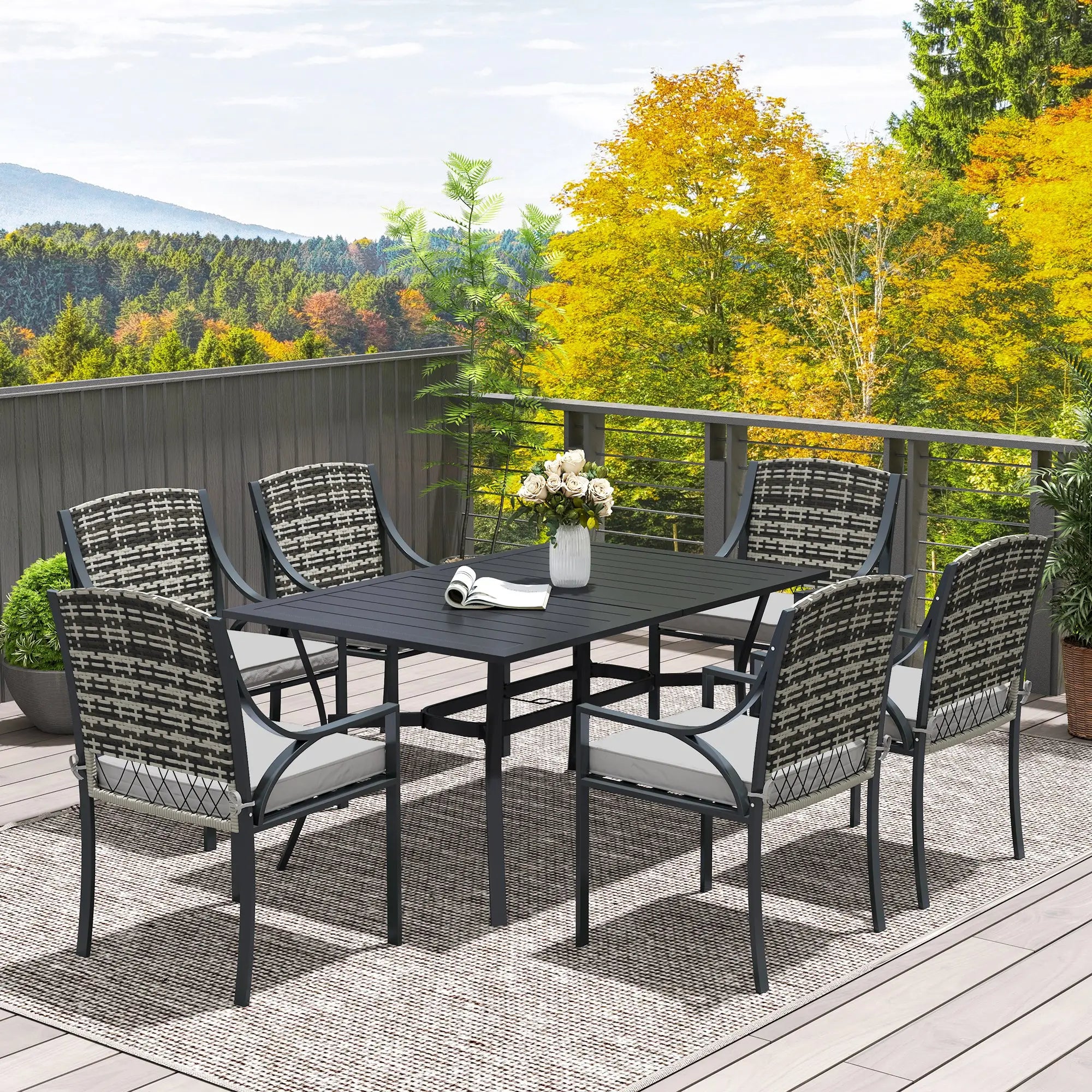 6 Seater Rattan Dining Set with 6 Armchairs, 150 x 96cm Rectangular Table, Umbrella Hole