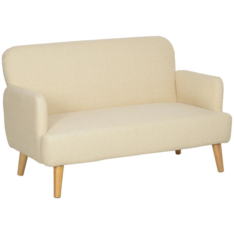 Velvet Feel Fabric 2 Seater Sofa - Small Loveseat with Thick Padding and Wooden Legs in Cream White