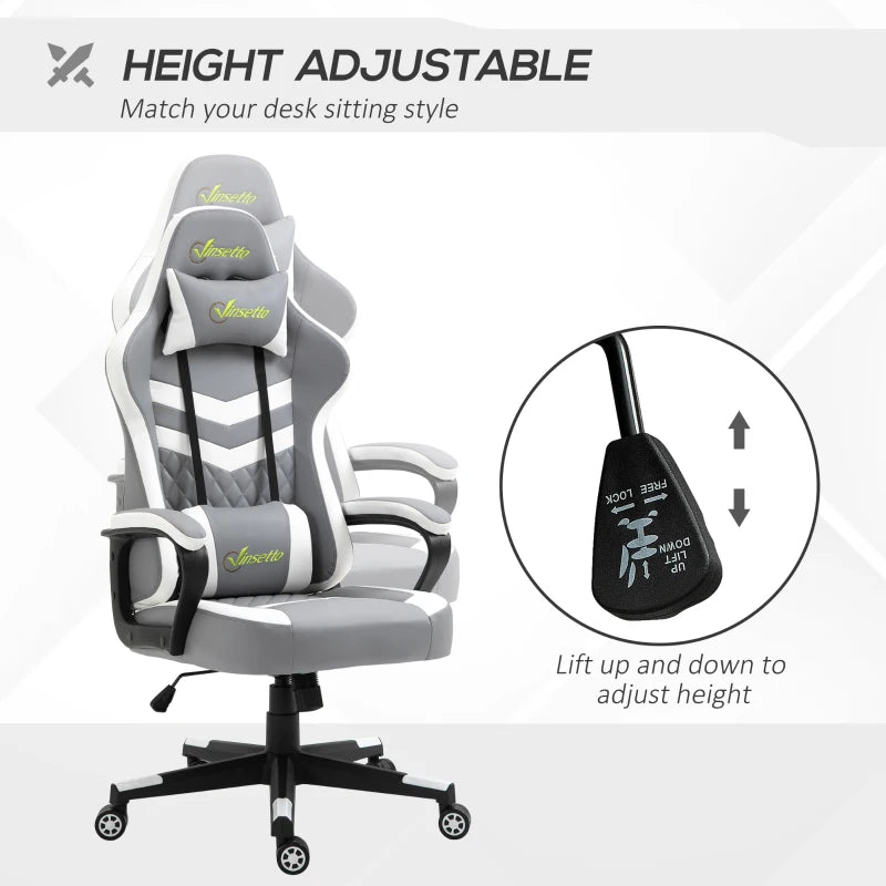 Vinsetto Gaming Chair - Ergonomic Computer Desk Chair with Lumbar Support, Faux Leather, Headrest & Swivel Wheels - Grey White