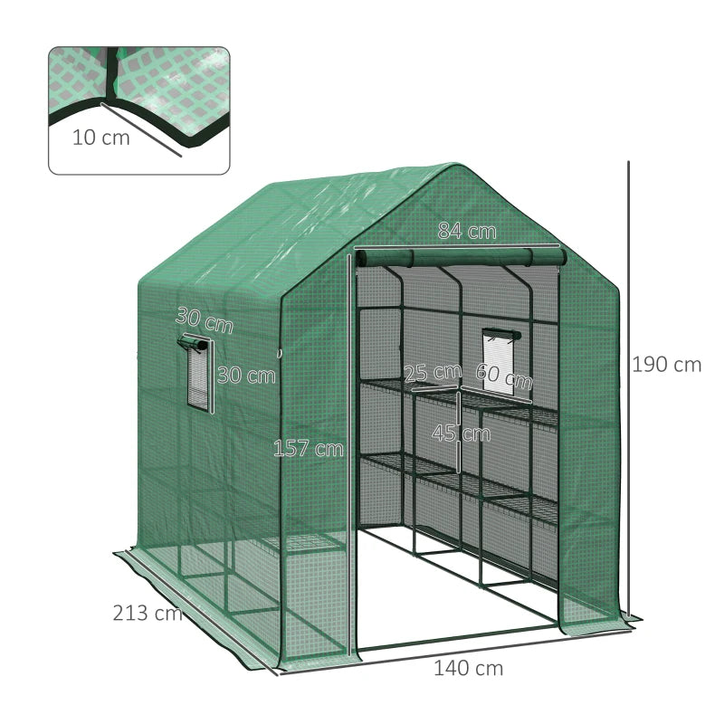 Green 3-Tier Walk-in Garden Greenhouse with PE Cover, Roll-up Door, Mesh Windows - 140 x 213 x 190cm