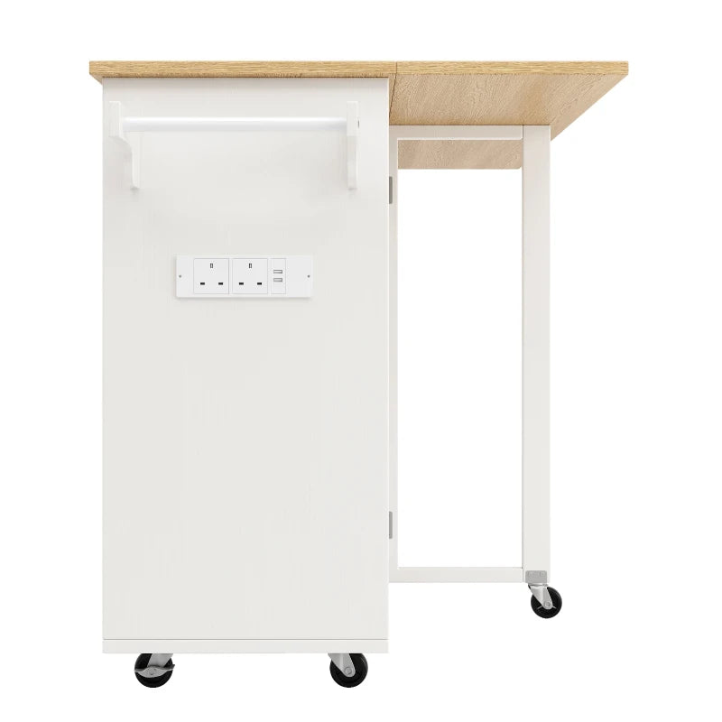 Space-Saving Kitchen Island Trolley with Power Strip, Folding Design & Wine Rack - White & Natural, 131.5L x 76W x 91H cm