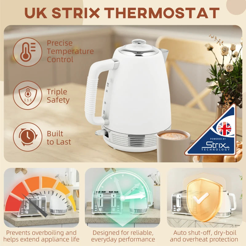 Stainless Steel Kettle & Toaster Set - 1.7L Rapid Boil Jug Kettle with Strix Thermostat & 4 Slice Toaster - White/Silver