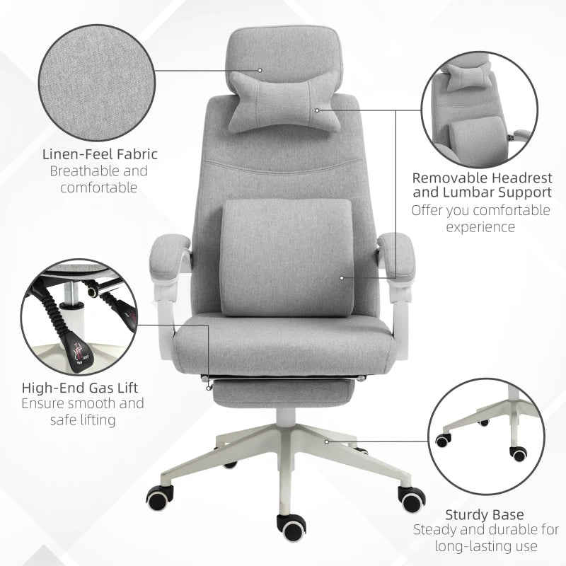 Vinsetto Ergonomic Office Chair - High Back Fabric Desk Chair with 160° Recline, Footrest, Neck & Lumbar Support - Grey
