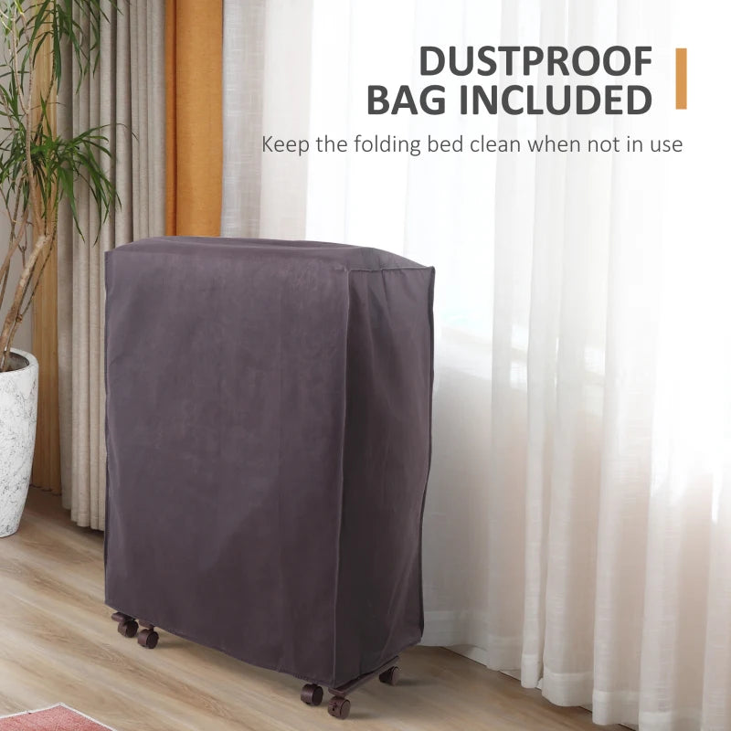 Portable Folding Bed with Mattress - Single Guest Bed, Adjustable Backrest, Metal Frame on Wheels, White, 190 x 76 cm