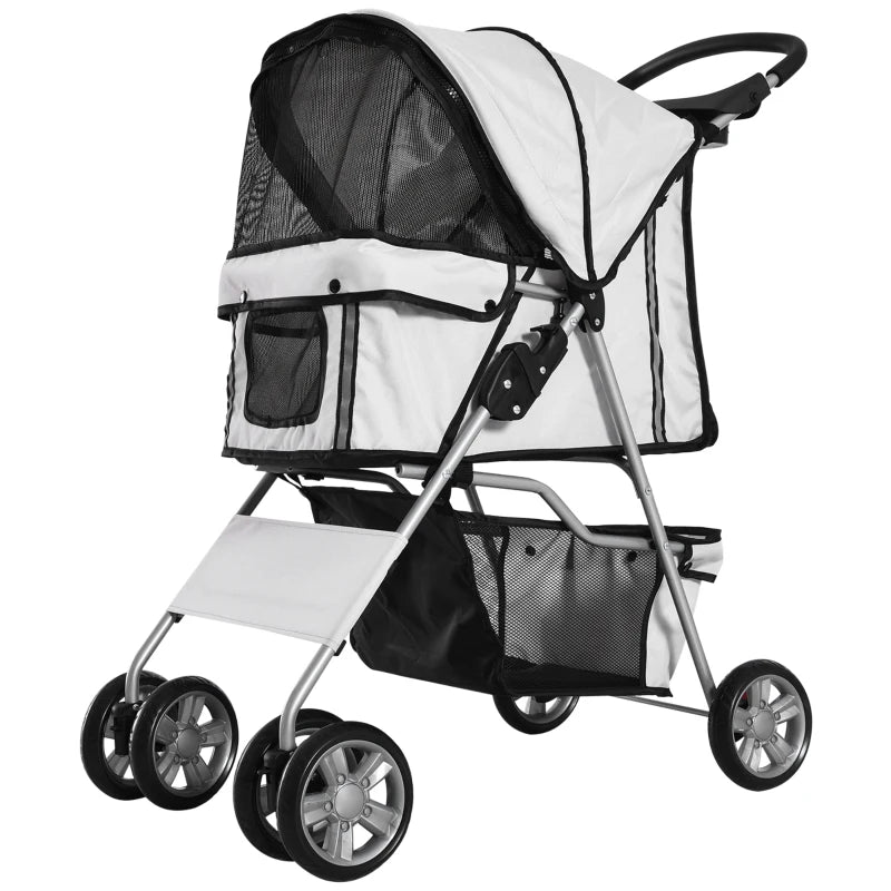 Foldable Pet Stroller for Small Dogs & Cats - Travel Carriage with Wheels, Zipper Entry, Cup Holder & Storage Basket - Grey