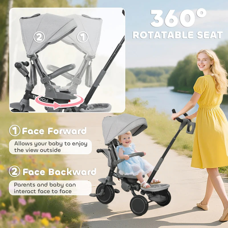 6 in 1 Foldable Kids Trike with Adjustable Parent Handle and Canopy for Ages 1 to 5 Grey