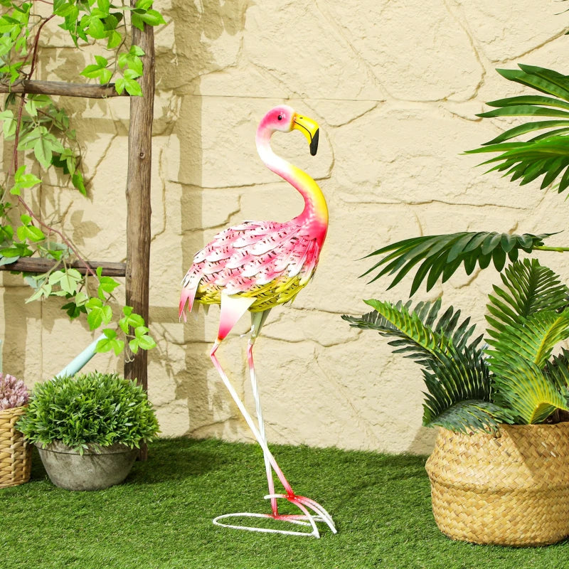 Pink Flamingo Garden Statue - Metal Bird Art Outdoor Sculpture with Ground Stakes for Decoration
