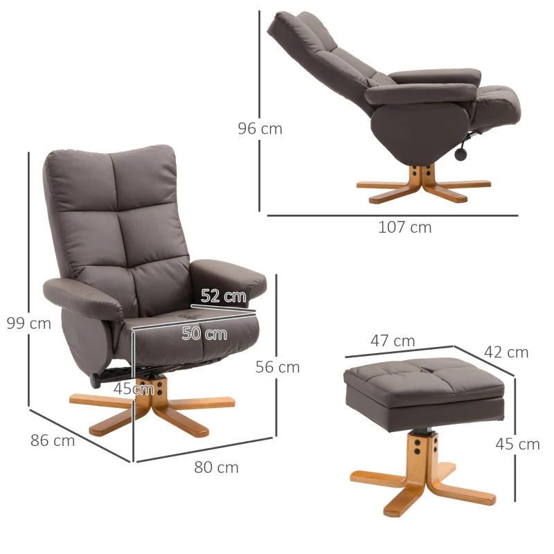 Swivel Reclining Armchair with Ottoman, Faux Leather Chair with Wooden Base and Storage Footstool for Living Room, Brown