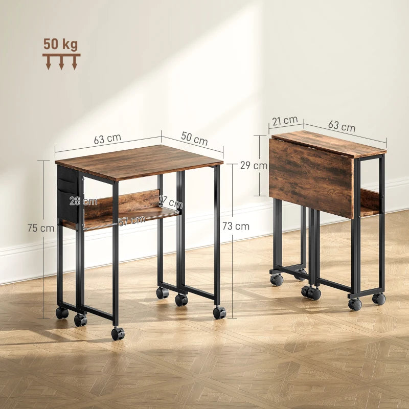Rustic Brown 63 cm Drop Leaf Writing Desk - Space-Saving Home Office Workstation with Stylish Design