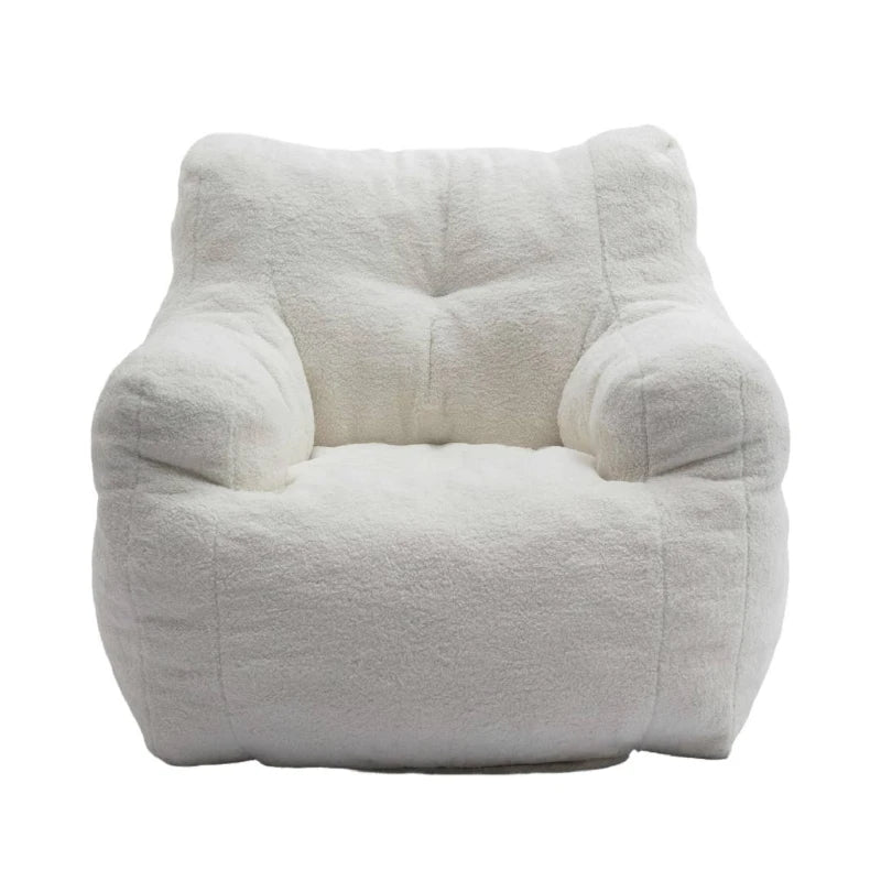 Soft Tufted Foam Bean Bag Snuggle Chair in White Teddy Fabric with Ergonomic Backrest, 100x94x70 cm