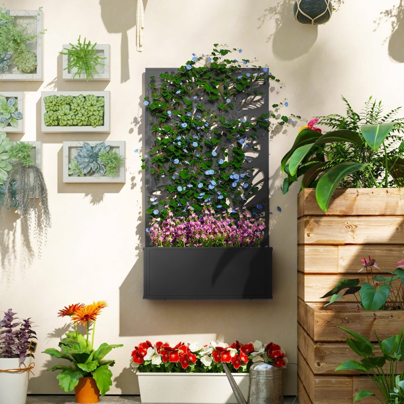 Outdoor Metal Planter with Back Trellis - Black - Large Size - 113H x 61L x 23W cm