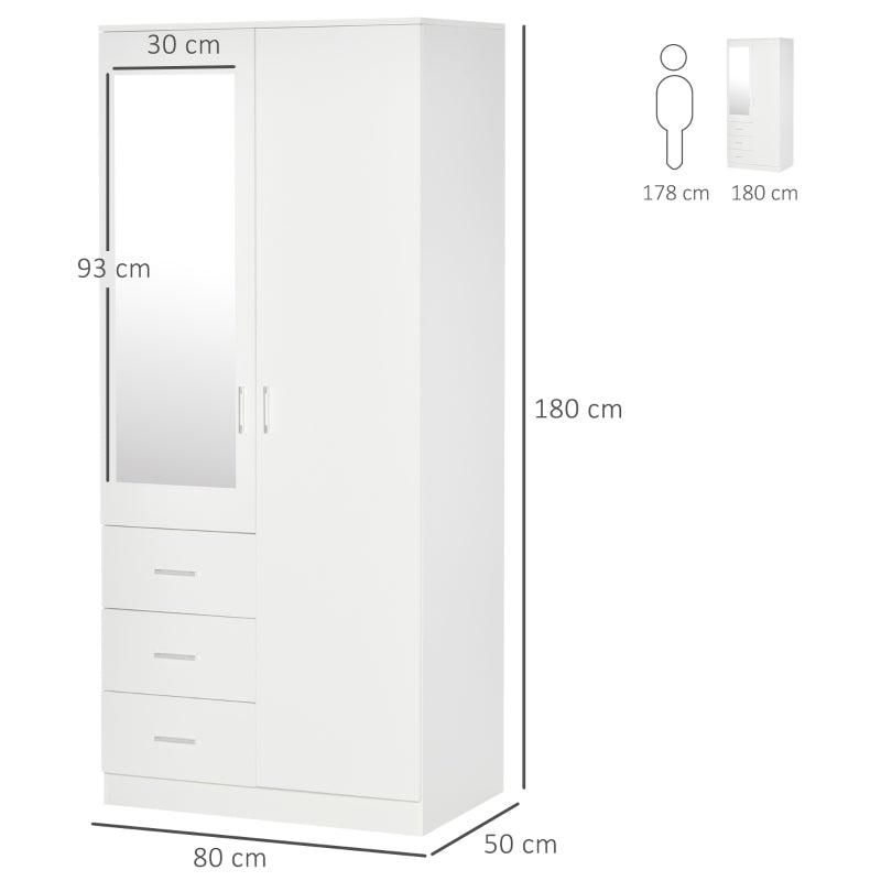 Modern 2 Door Mirrored Wardrobe with 3 Drawers and Adjustable Shelves for Bedroom