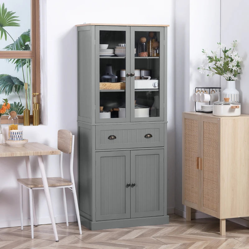 180cm Tall Freestanding Kitchen Pantry Cupboard - 5 Tier Storage Cabinet with Adjustable Shelves & Drawer in Grey