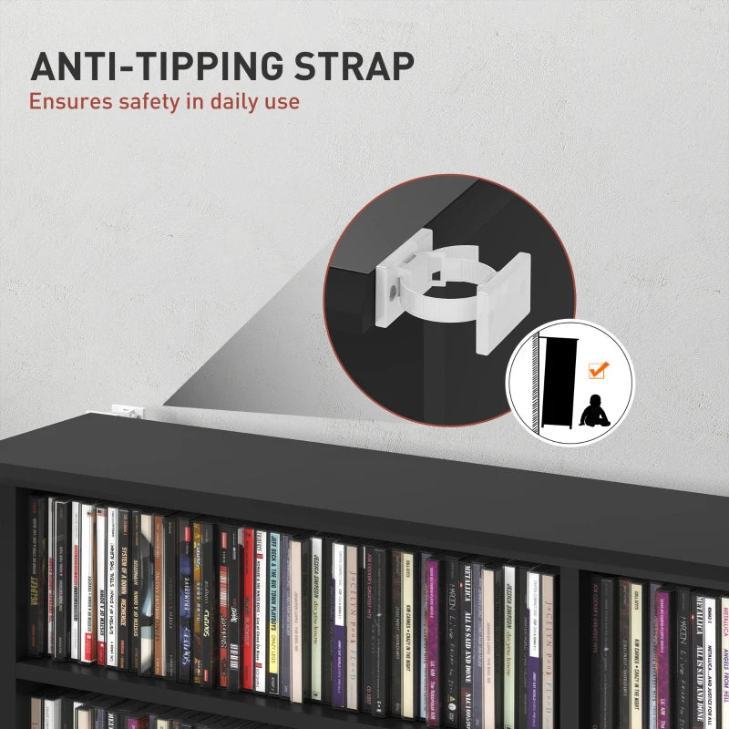 16-Compartment Black Media Shelf - Stylish Storage Solution for DVDs, Games, and Books - Perfect for Home Organization