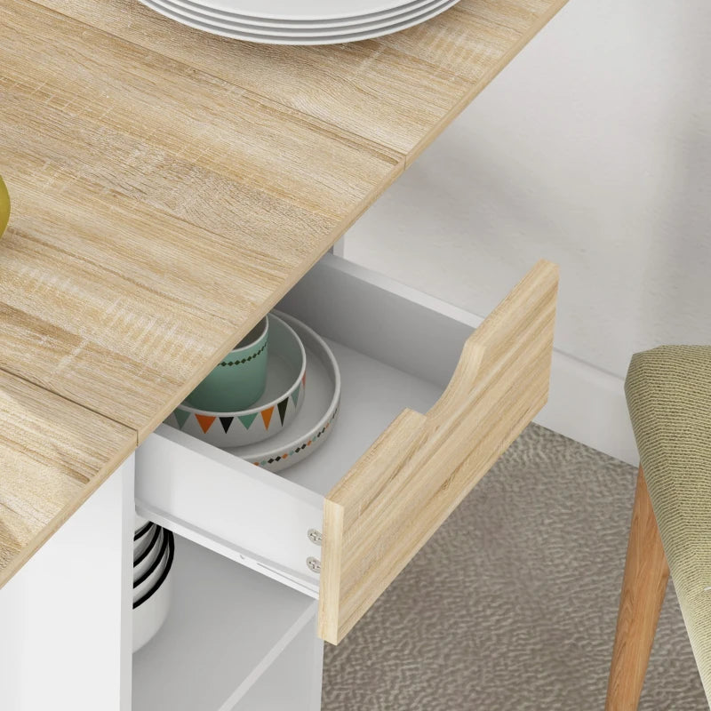 Folding Dining Table with Drop Leaf - Space-Saving Oak Table with Drawer & Storage Shelves for Kitchen & Dining Room