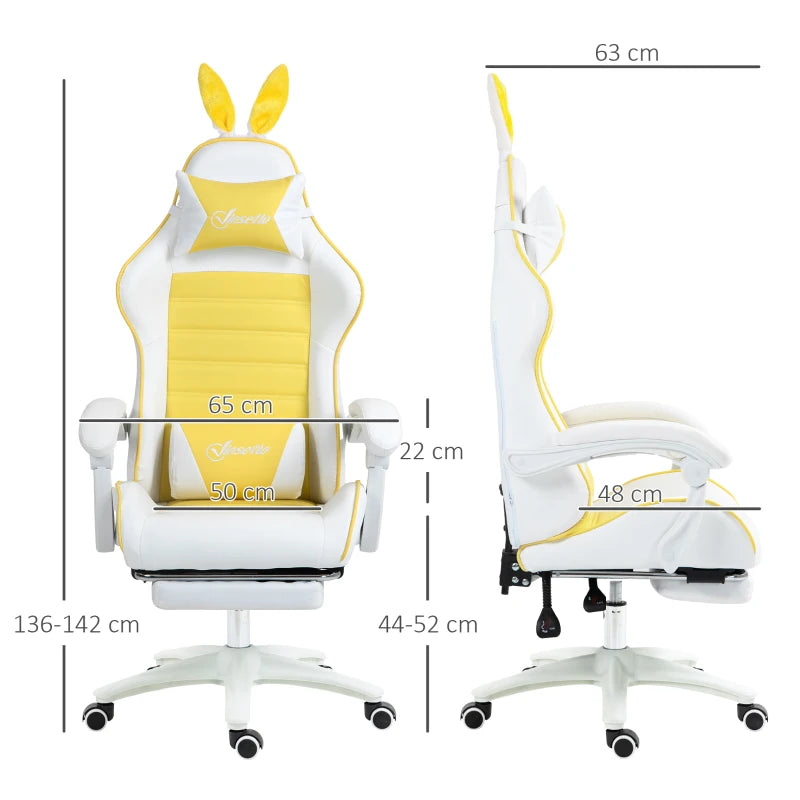 Vinsetto Yellow Reclining Racing Gaming Chair with Headrest, Lumbar Support, Footrest & Removable Rabbit Ears - PU Leather