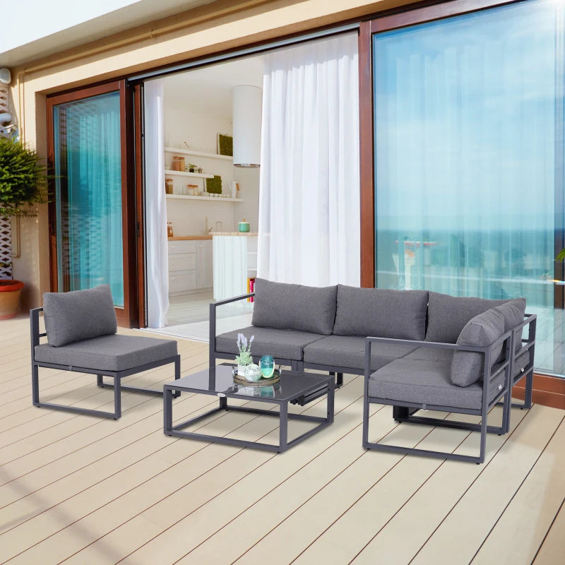 Stylish 6-Piece Outdoor Indoor Sectional Sofa Set with Thick Cushions and Aluminium Frame - Grey