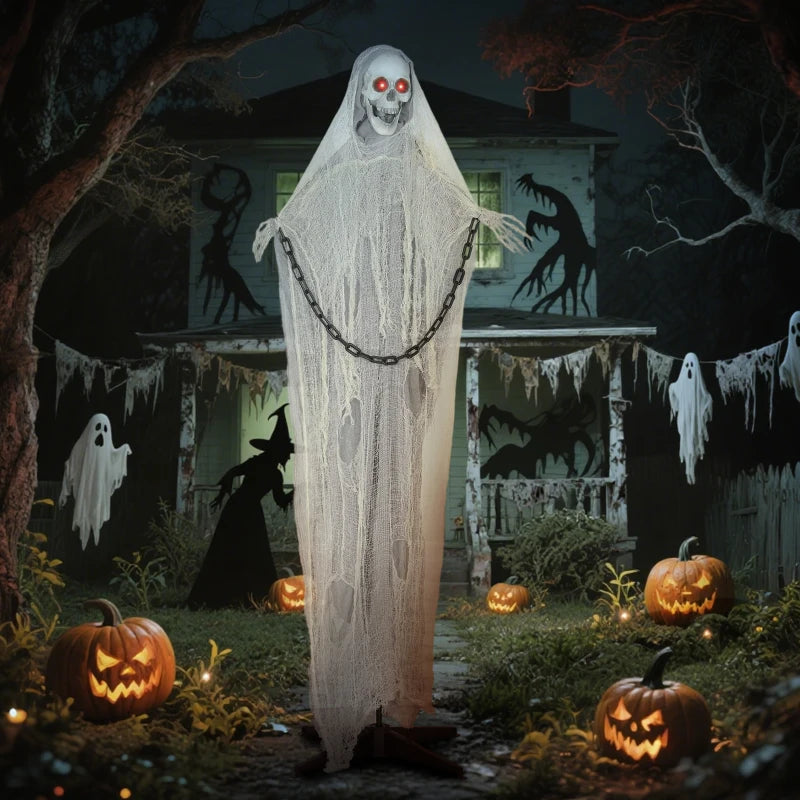 183 cm Life Size Animated Grim Reaper Skeleton with Glowing LED Eyes - Scary Halloween Decoration, Battery Operated Indoor Party Prop