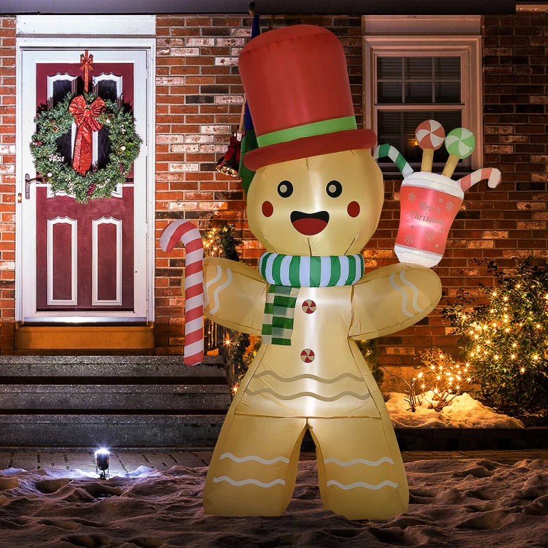 7.5ft Inflatable Gingerbread Man with Candy Cane & LED Lights - Outdoor Christmas Lawn Decoration for Parties & Holiday Displays