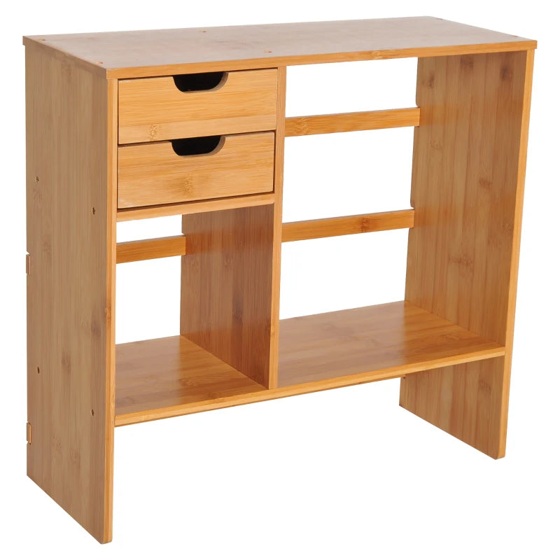 Bamboo Desk Organiser with 2 Drawers - Versatile Desktop Bookshelf & Stationery Storage Shelf for Documents