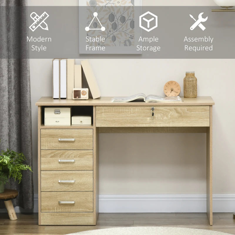 Stylish Oak Computer Desk with Lockable Drawer & Storage Shelf - Home Office & Study Furniture, 110x50x76 cm