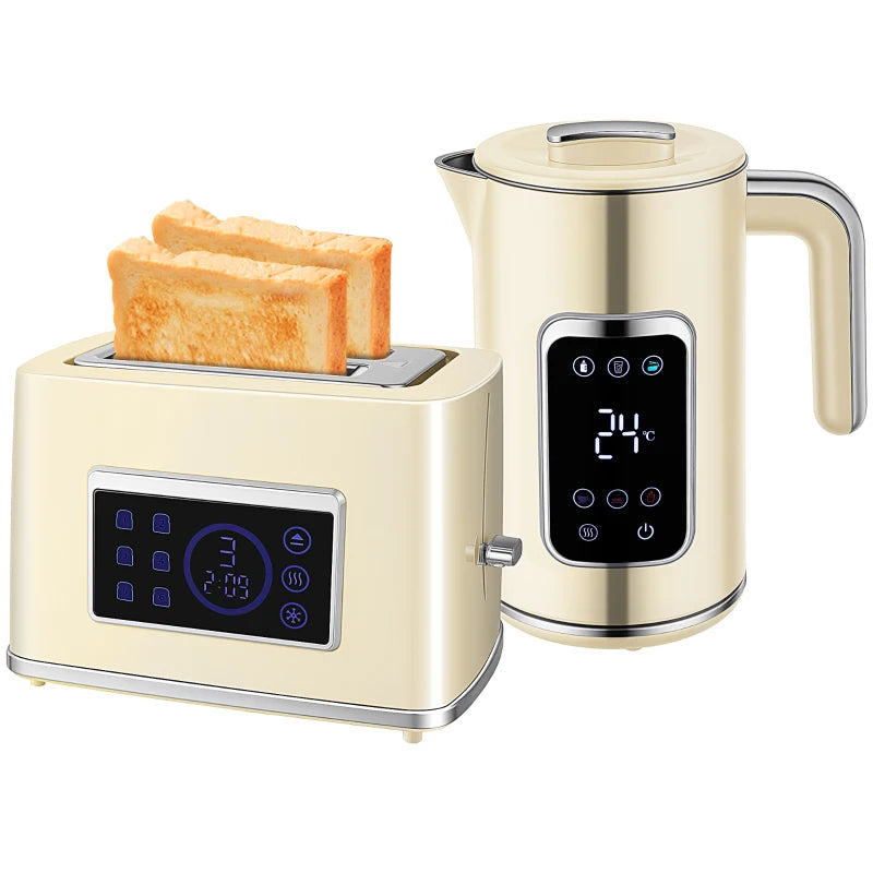 Premium Cream Touch Screen Kettle and Toaster Set - Stylish Kitchen Appliances for Modern Homes