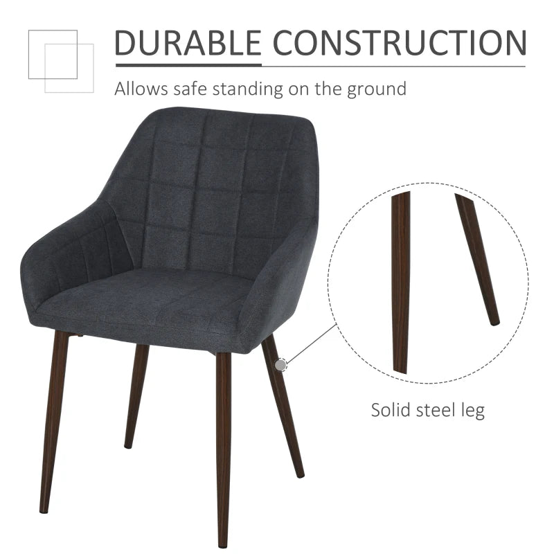 2-Piece Linen-Touch Dining Chair Set with Grid Pattern Cushion, Mid Back Leisure Armchair, Steel Legs, Sponge Padding
