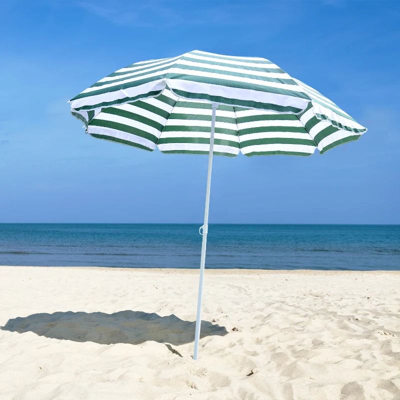 Green & White Striped 1.8m Tilt Beach Umbrella with 8 Ribs